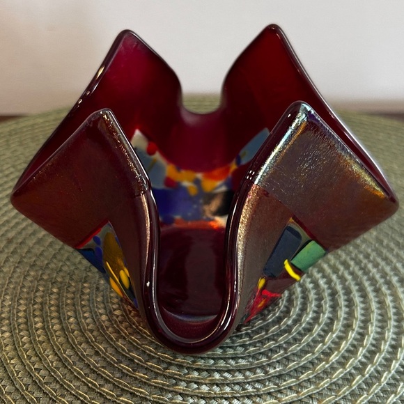 Melissa Branzell Dichroic Fused Art Glass Dish Plate Handkerchief Red Multicolor - Picture 3 of 9